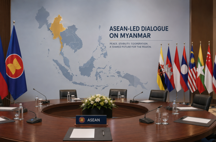 ASEAN Myanmar talks illustrated with Philippine and ASEAN flags beside a diplomatic conference table.