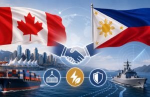 Canada, Philippines pledge stronger trade and security ties Editorial graphic showing Canada and Philippines flags with trade and maritime cooperation icons.