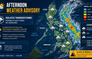 PAGASA warns of isolated thunderstorms, possible flash floods or landslides in parts of PH Weather map graphic of the Philippines showing areas under isolated thunderstorm forecast from PAGASA.