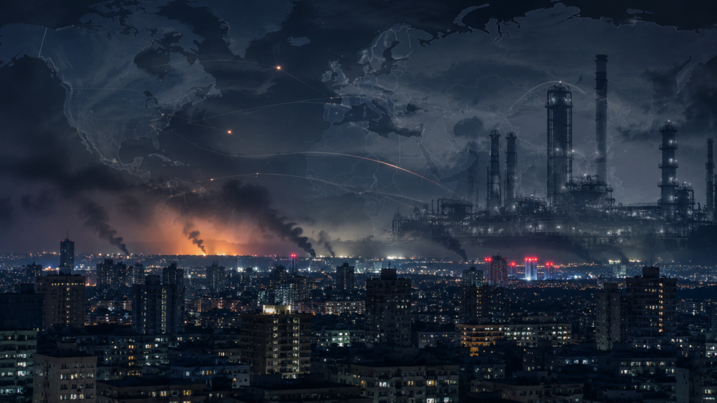 Nighttime city skyline and oil refinery graphic representing the Russia-Ukraine war and global energy risks. Russia Kyiv attack